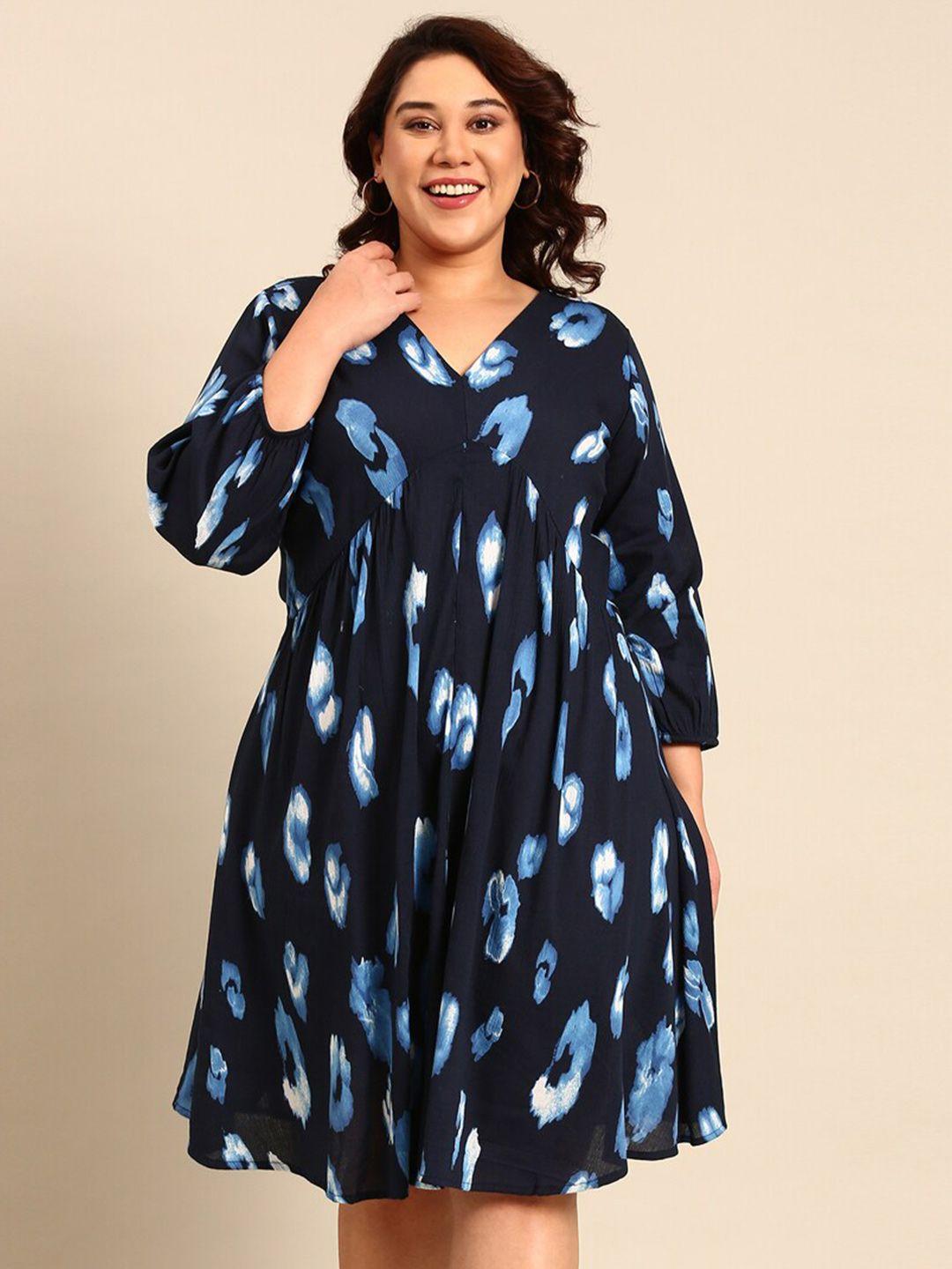 the pink moon plus size abstract printed cuffed sleeves cotton a-line dress