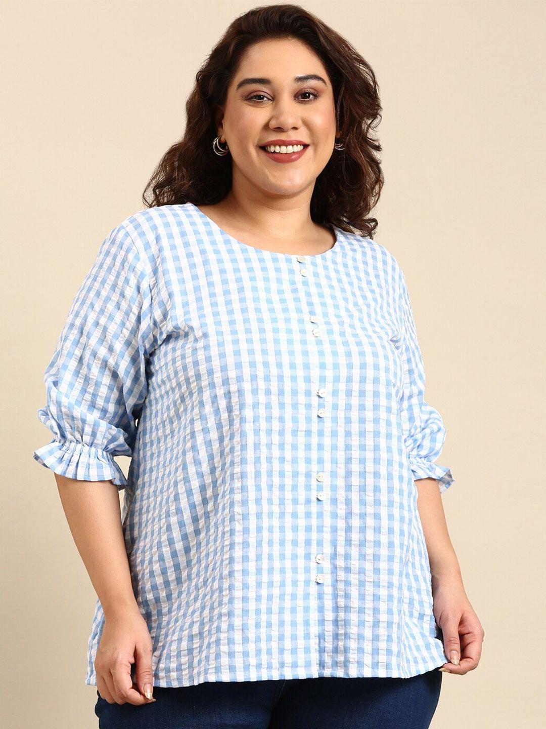 the pink moon plus size checked round neck cotton top