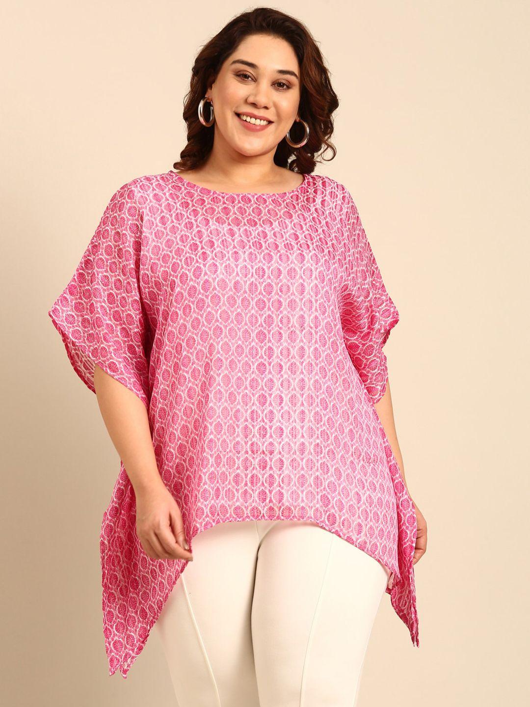 the pink moon plus size ethnic motifs print kimono sleeve georgette kaftan top