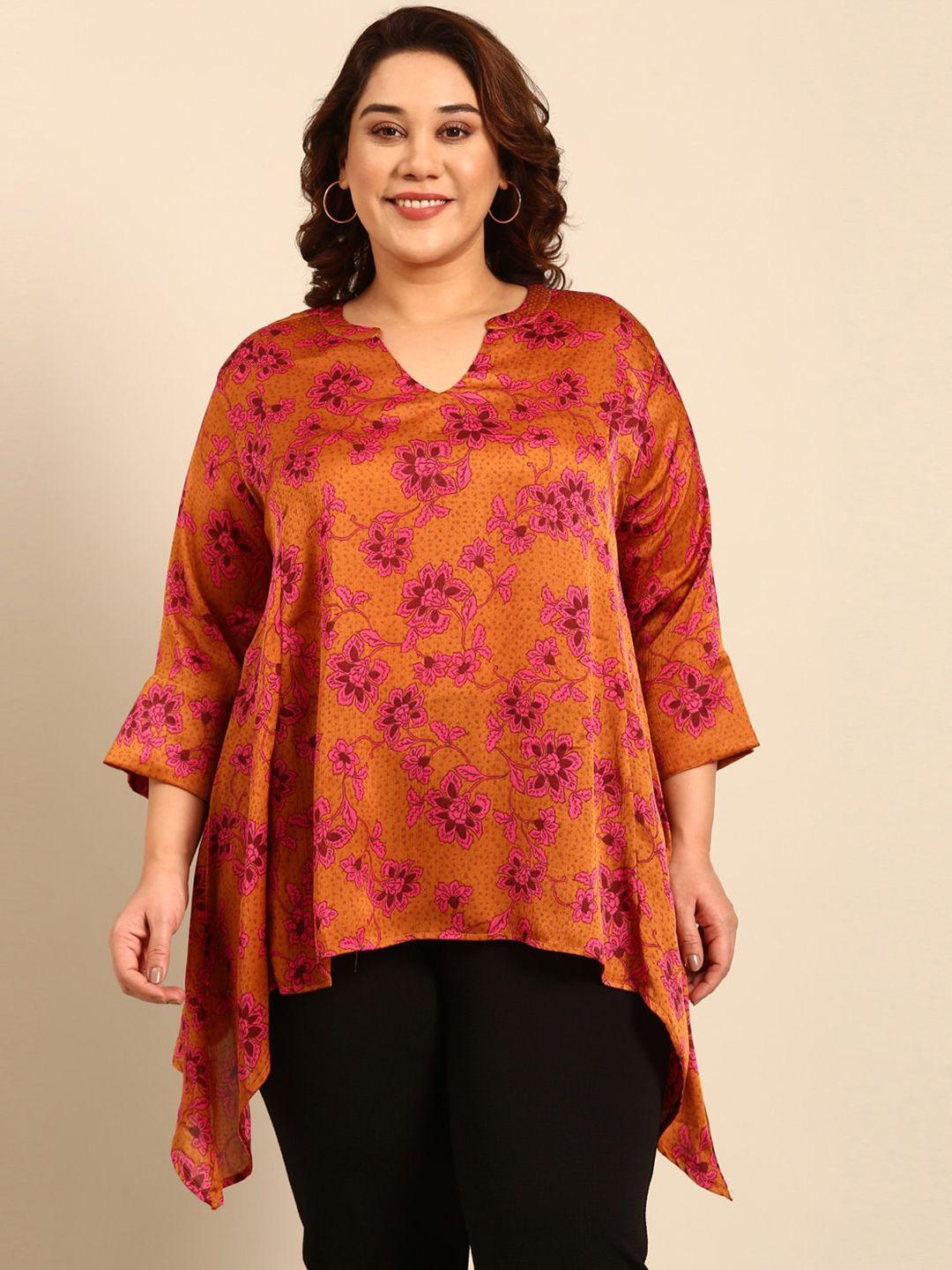 the pink moon plus size floral printed band collar a-line top