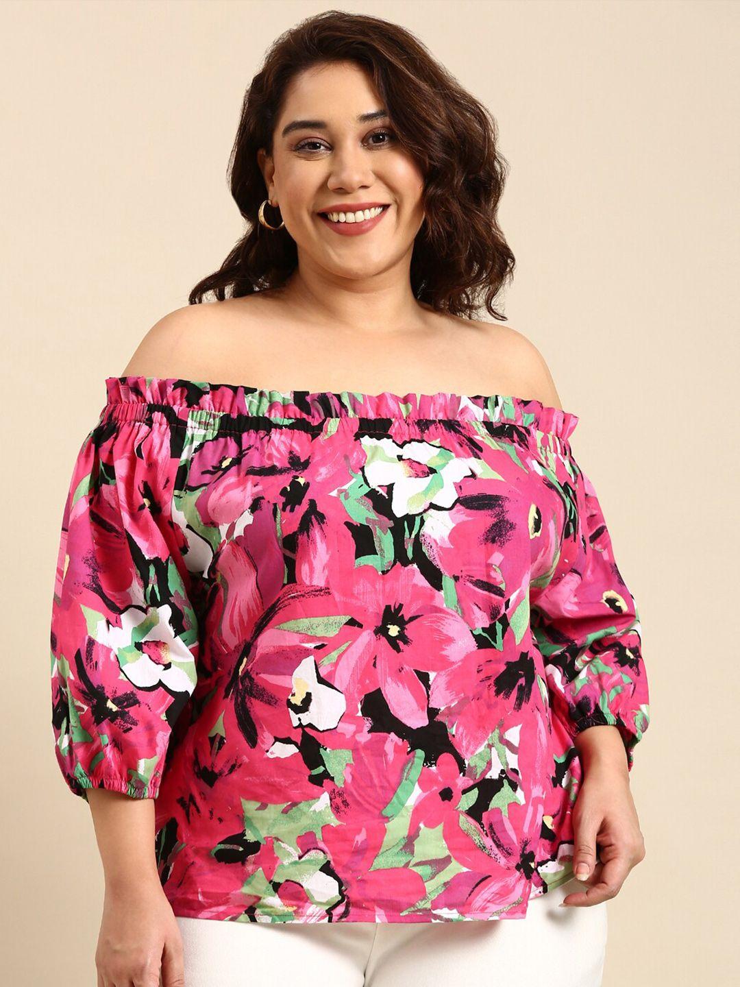 the pink moon plus size floral printed off-shoulder cotton bardot crop top