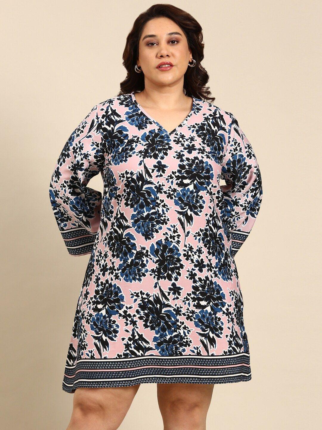 the pink moon plus size floral printed v-neck flared sleeve a-line dress