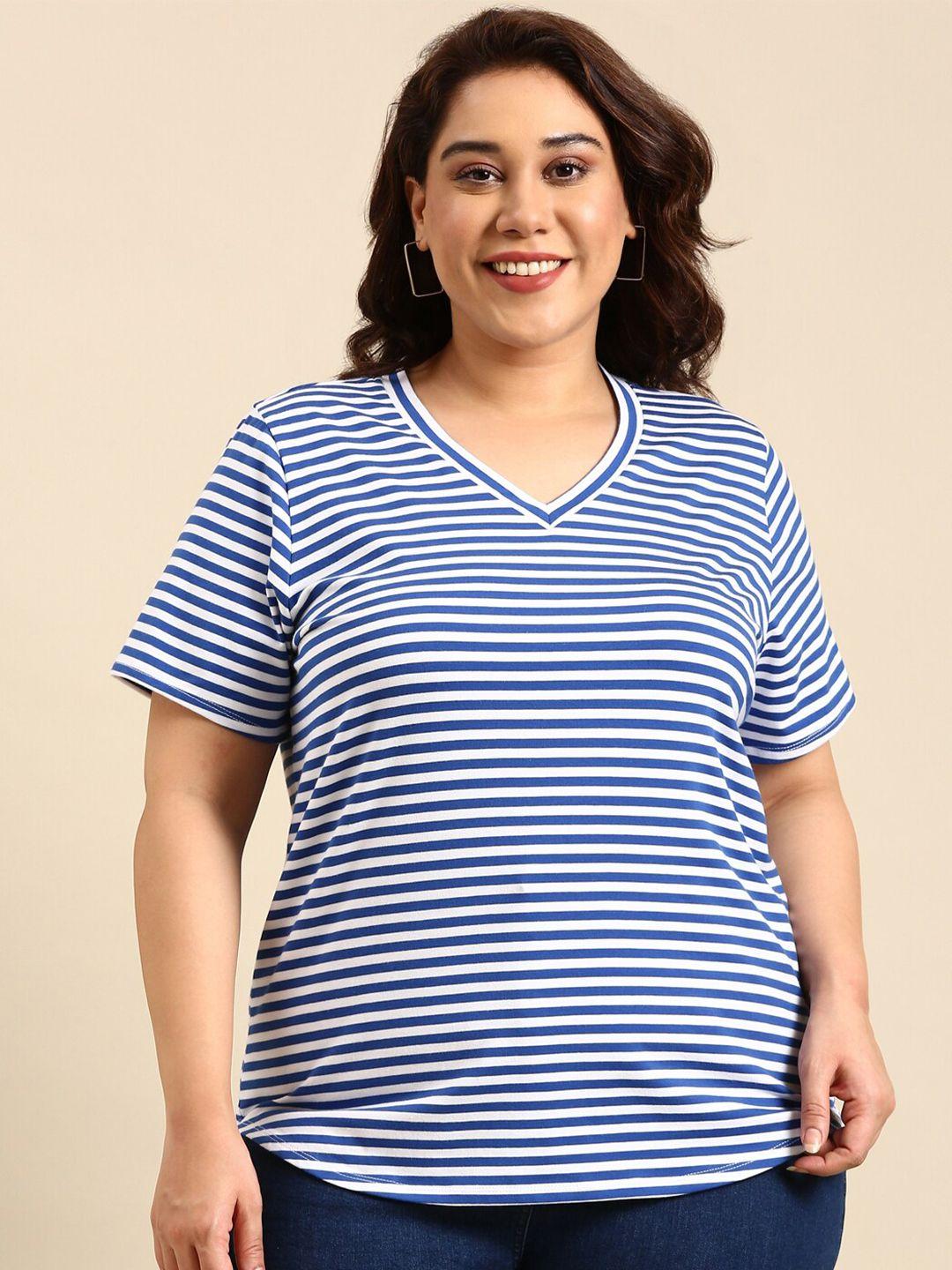 the pink moon plus size striped v-neck cotton t-shirt