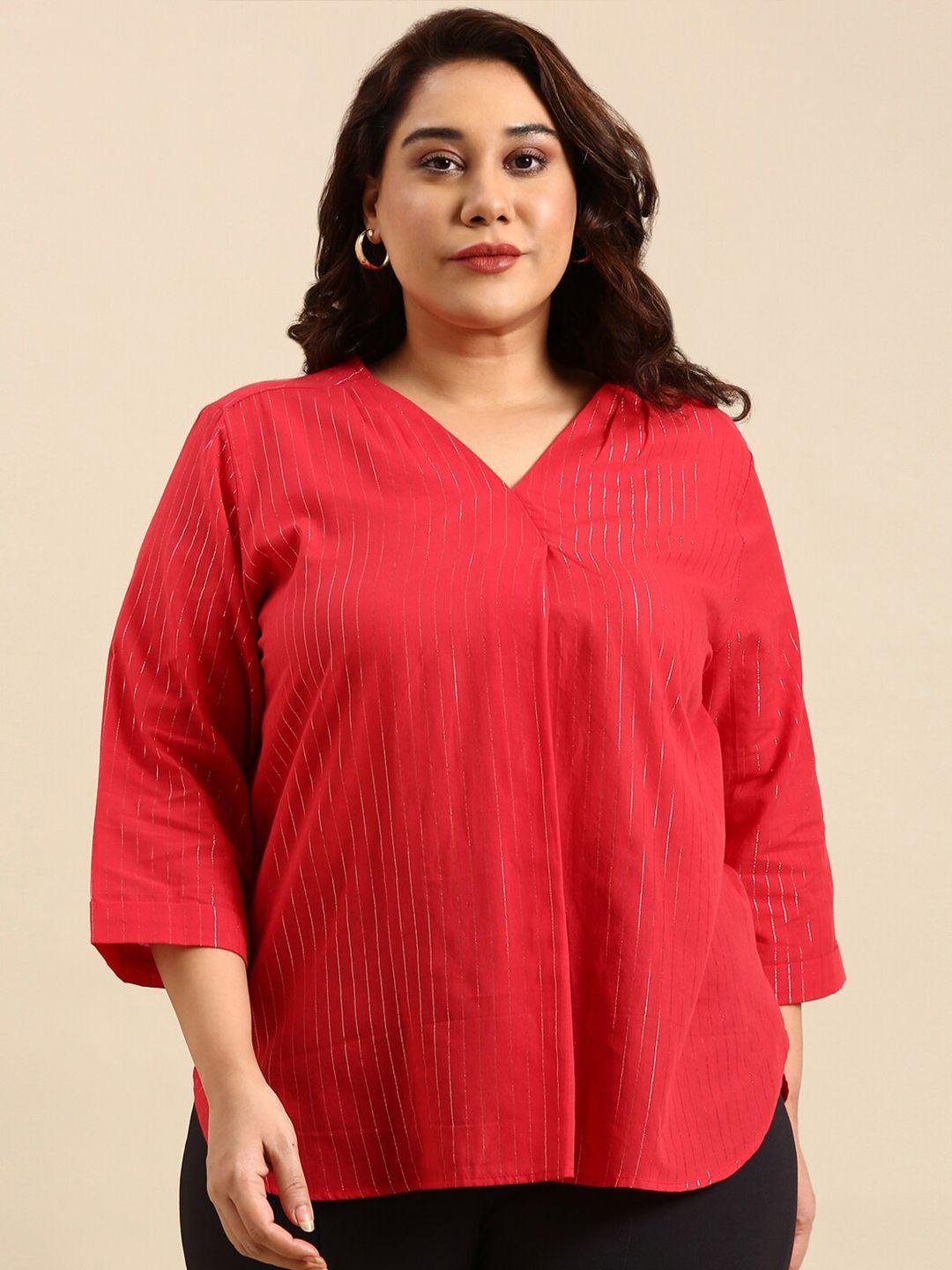 the pink moon plus size striped v neck regular sleeves cotton regular top