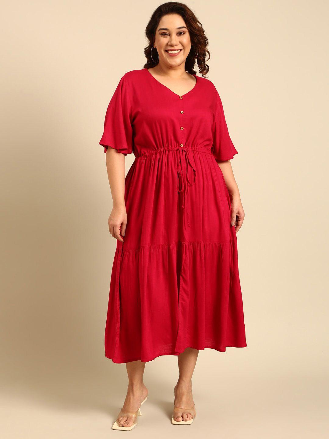 the pink moon plus size v-neck bell sleeves fit & flare midi dress