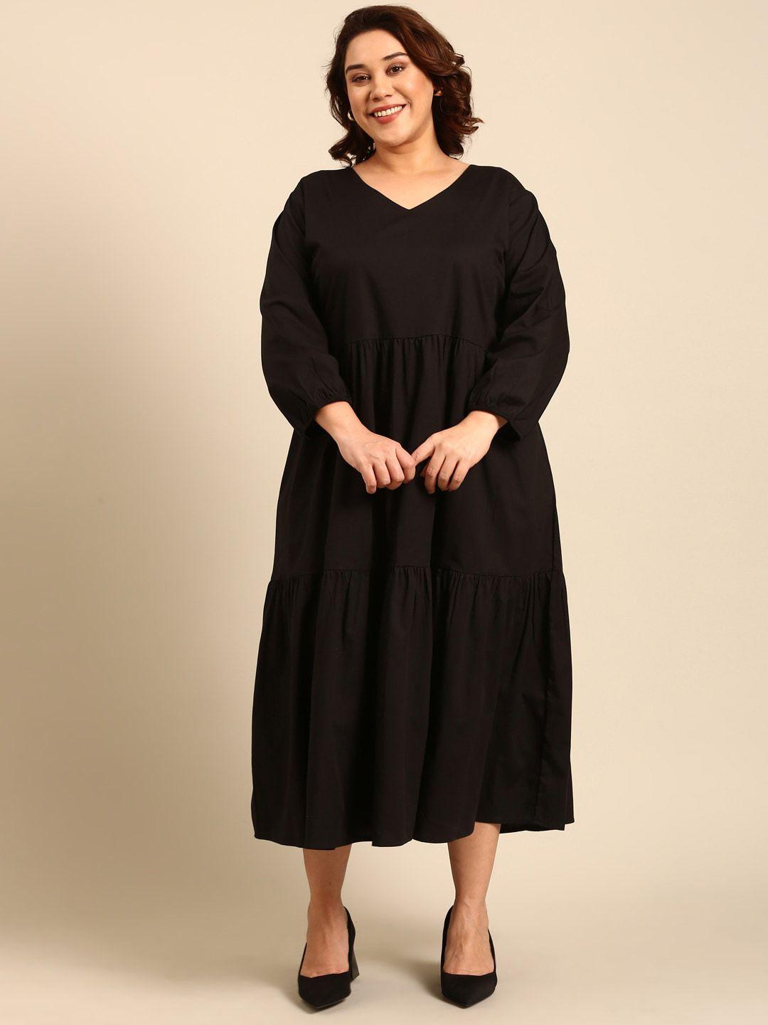 the pink moon plus size v-neck fit and flare midi tier dress