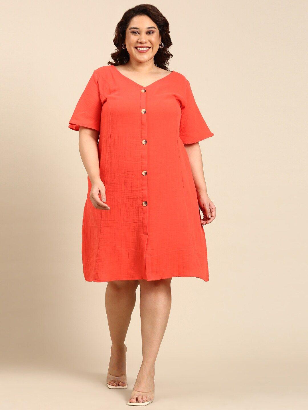 the pink moon plus size v-neck flared sleeve cotton a-line dress
