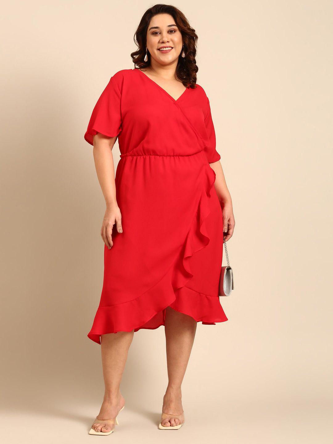 the pink moon plus size v-neck ruffled fit and flare midi dress