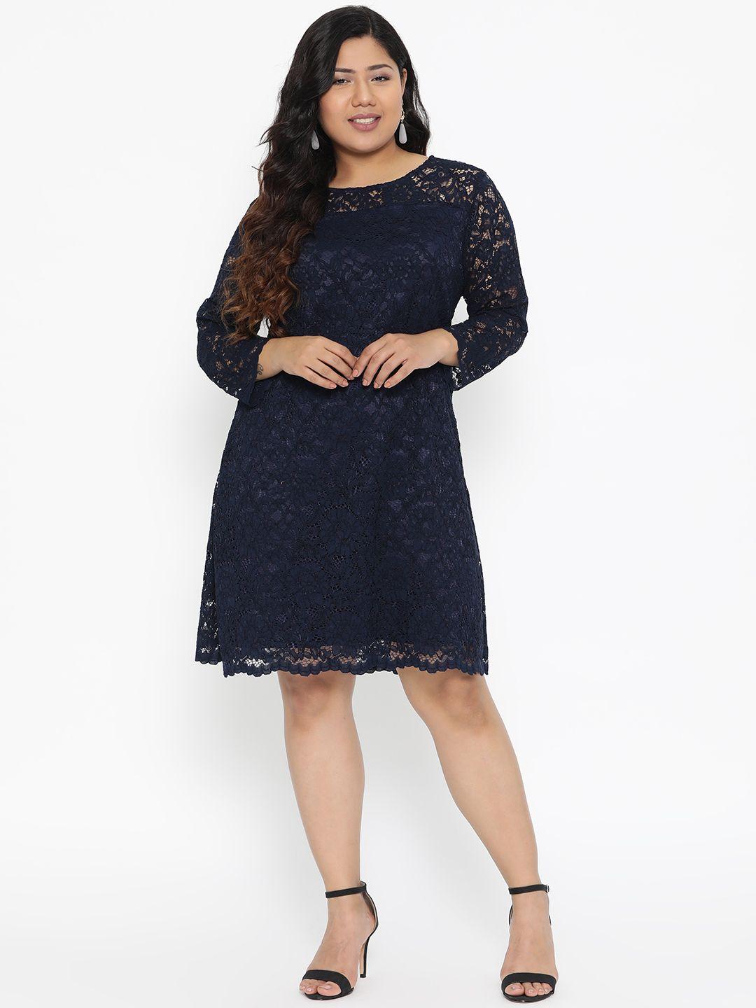 the pink moon plus size women navy blue lace a-line dress