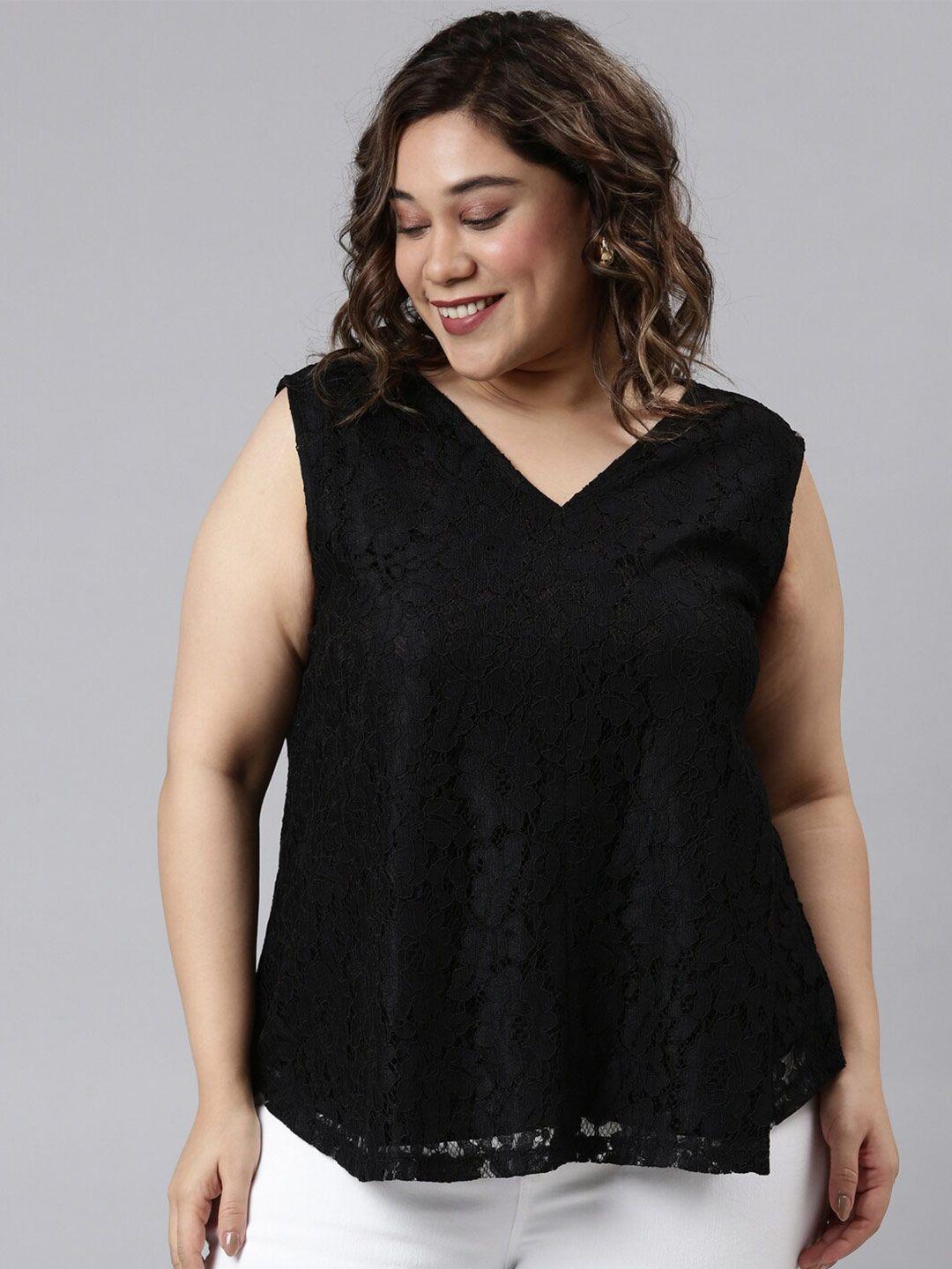 the pink moon women plus size black embroidered lace top