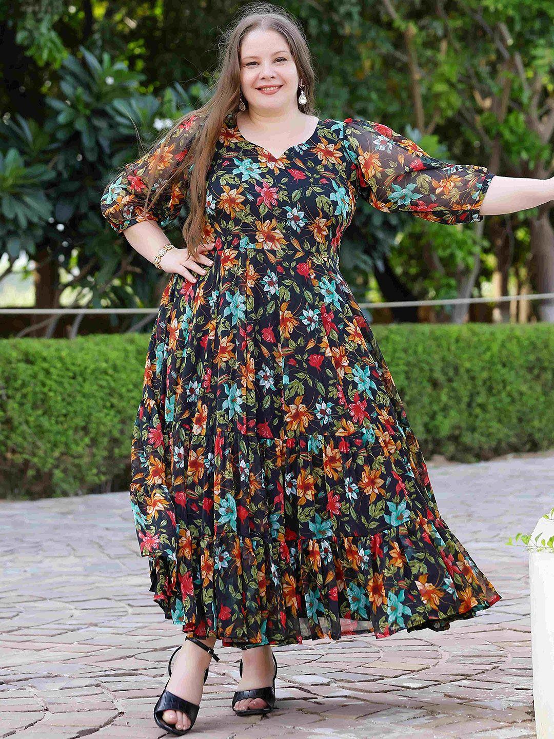 the plus size store by meera creations blue floral bishop sleeve georgette three-quarter dress