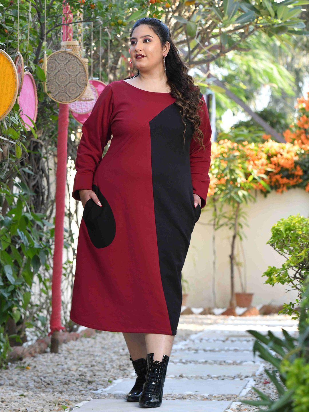 the plus size store by meera creations colourblocked fleece a-line midi dress