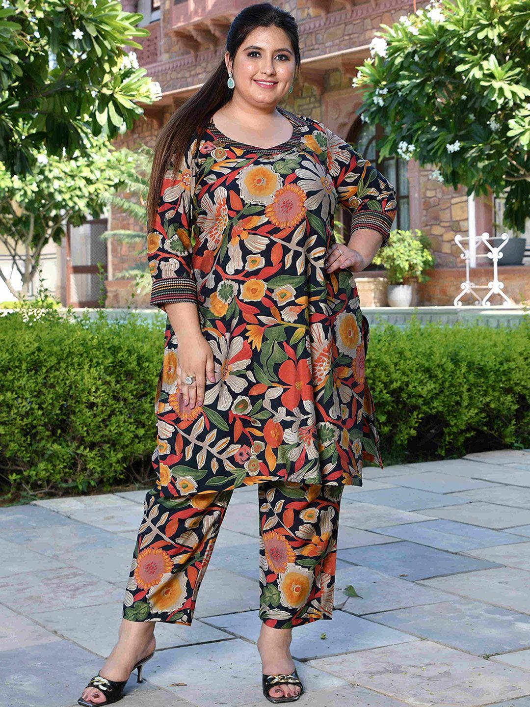 the plus size store by meera creations floral printed kurta with trousers & stole dupatta