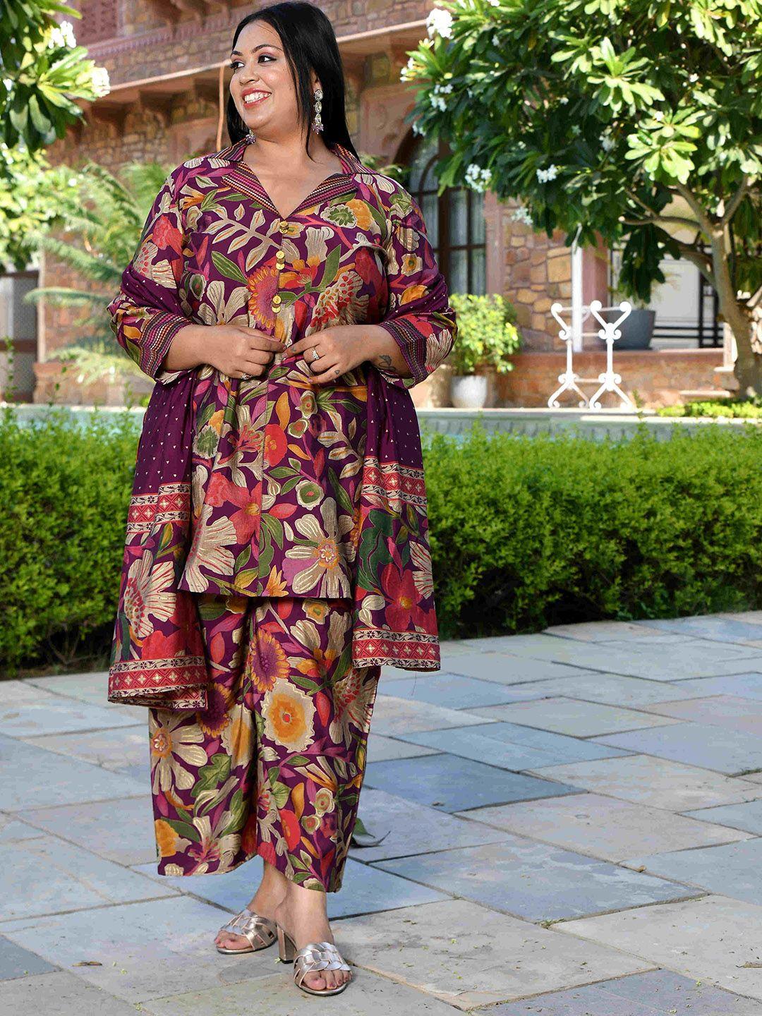 the plus size store by meera creations floral printed pure silk kurta set