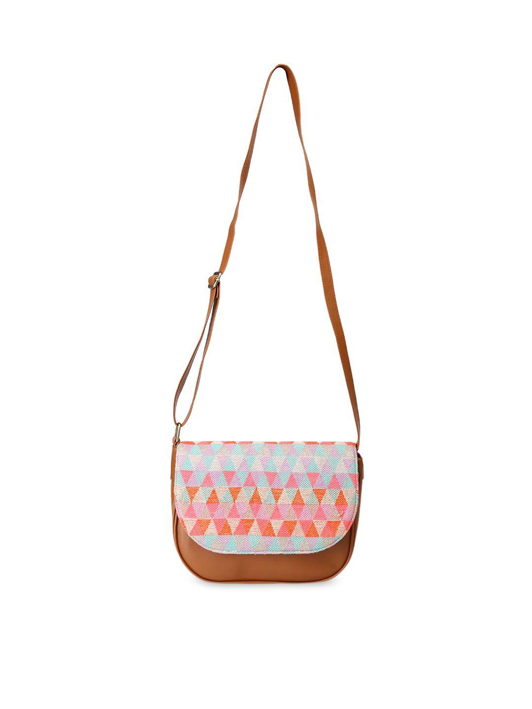 the purple sack brown geometric printed structured sling bag with quilted