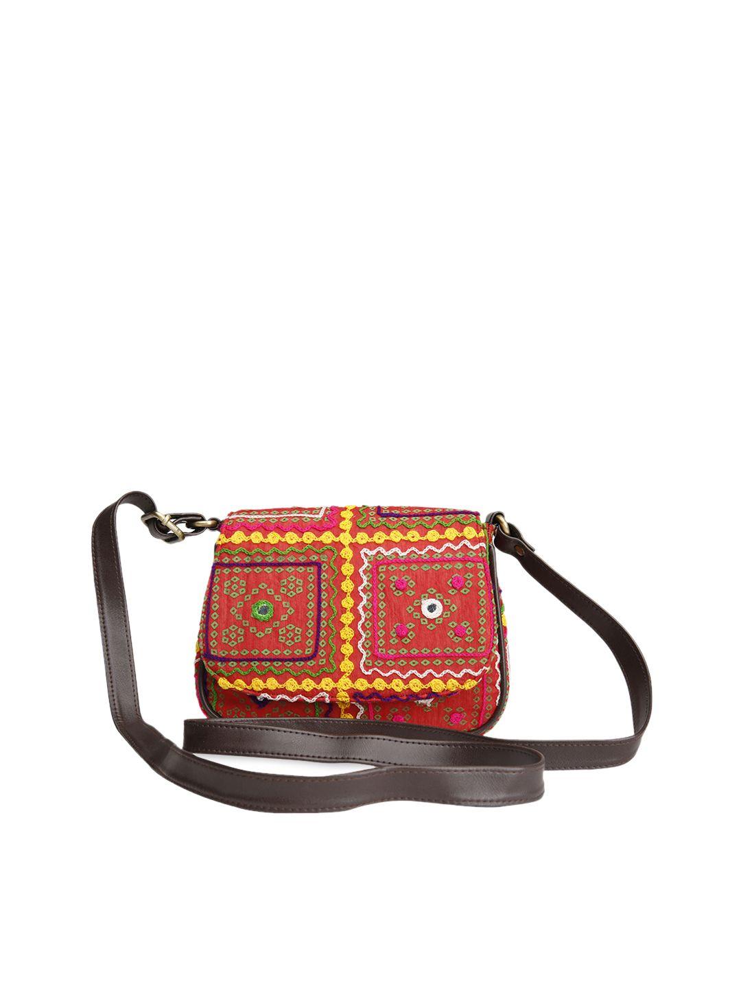 the purple sack red ethnic motifs textured shopper sling bag
