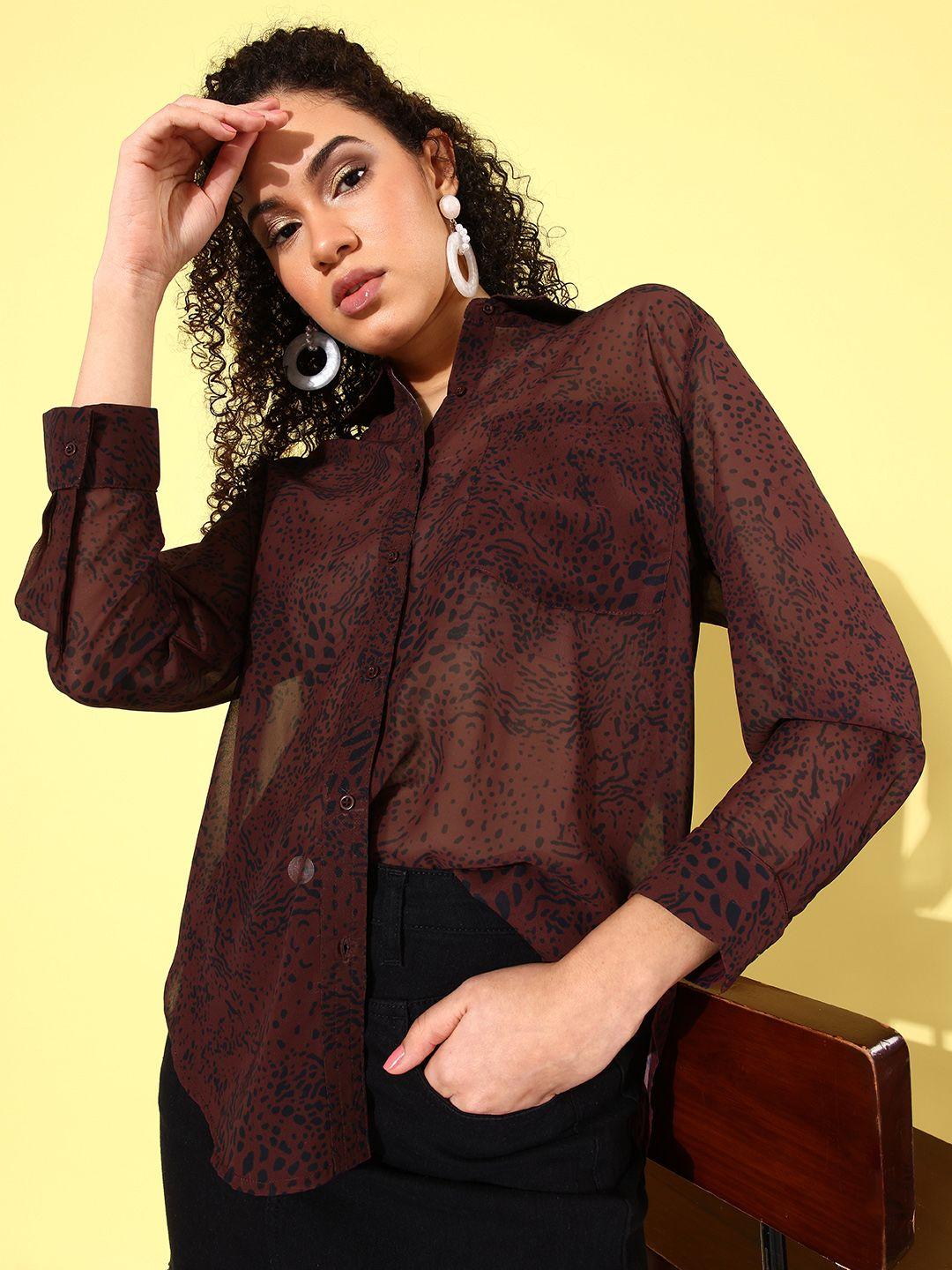 the roadster life co. animal printed semi sheer high- low casual shirt