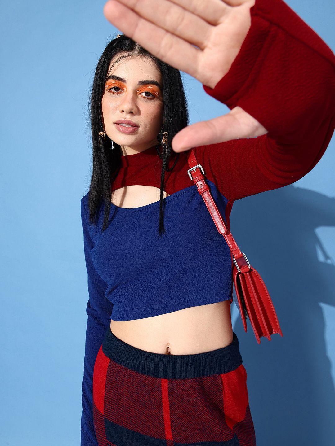 the roadster life co. colourblocked crop top with cut out detailing