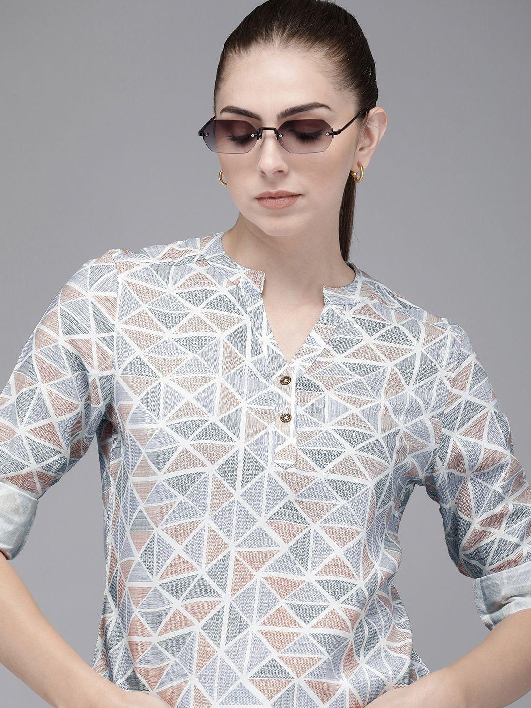 the roadster life co. geometric print mandarin collar roll-up sleeves top