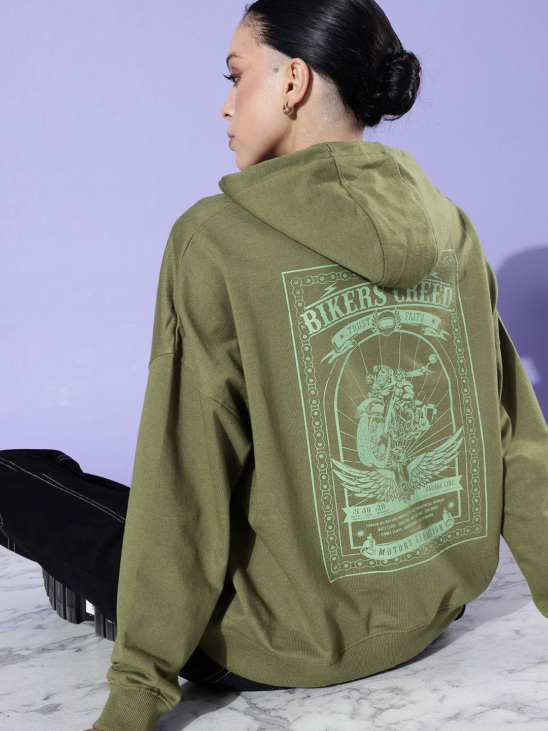 the roadster life co. olive green hello monsoon oversized printed hooded sweatshirt