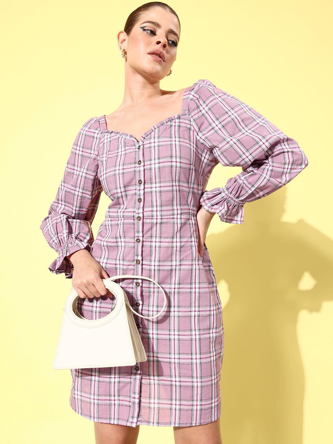 the roadster life co. pastel mauve checked sweetheart neck it is pure cotton shirt dress