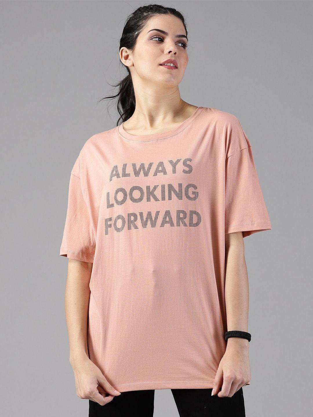 the roadster life co. peach-coloured typography printed pure cotton oversized t-shirt