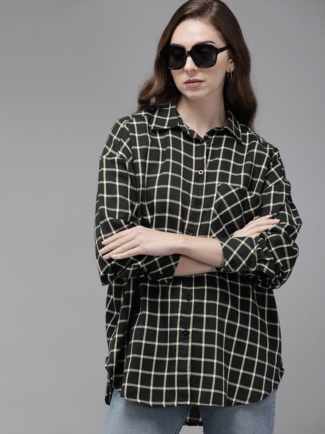 the roadster life co. pure cotton checked longline casual shirt