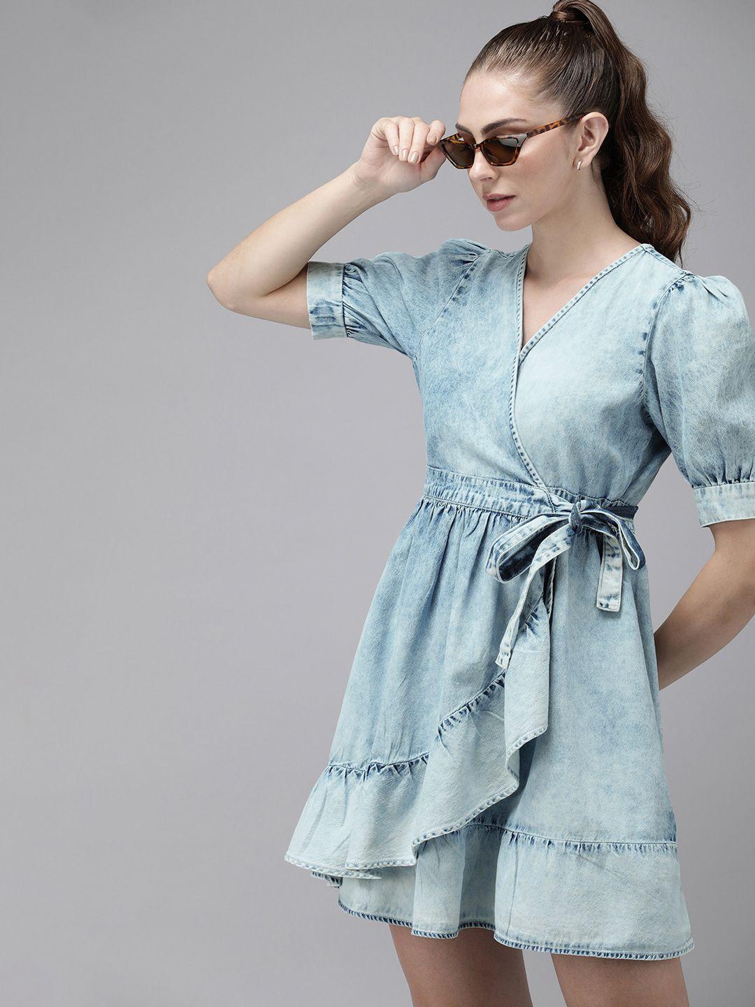 the roadster life co. pure cotton puff sleeve denim wrap dress