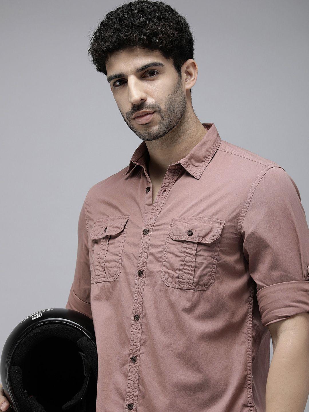 the roadster life co. pure cotton roll-up sleeves casual shirt