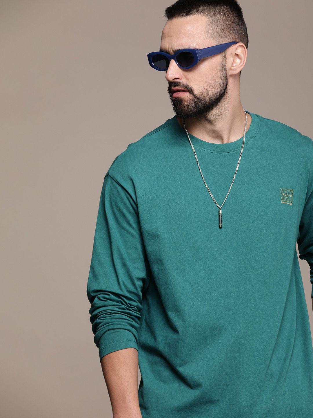 the roadster life co. pure cotton solid drop-shoulder sleeves casual t-shirt