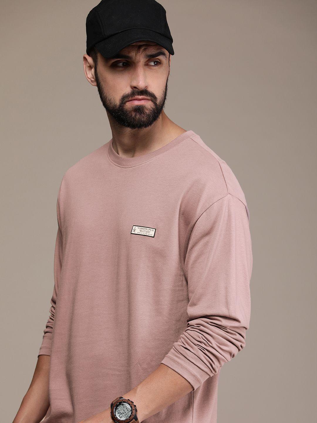 the roadster life co. pure cotton solid drop-shoulder sleeves casual t-shirt