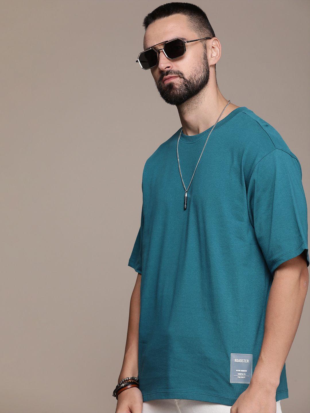 the roadster life co. pure cotton solid drop-shoulder sleeves casual t-shirt