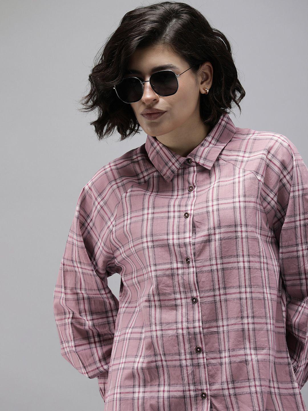 the roadster life co. pure cotton tartan checked raglan puffed sleeves casual shirt