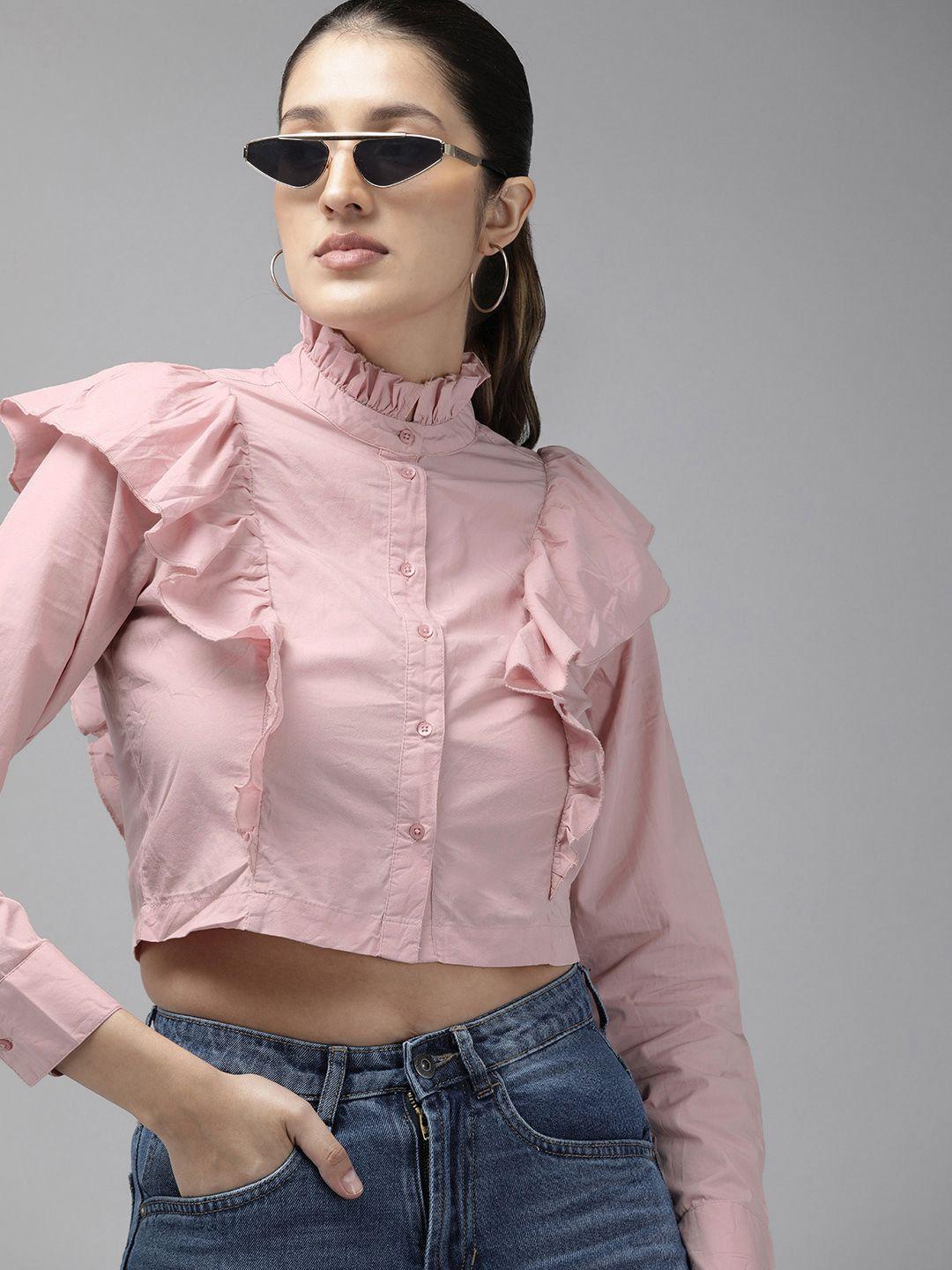 the roadster life co. slim fit ruffles pure cotton casual crop shirt