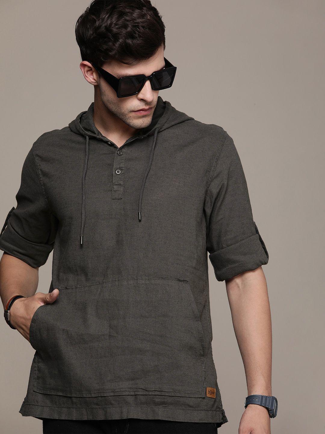 the roadster life co. solid cotton linen hooded casual shirt