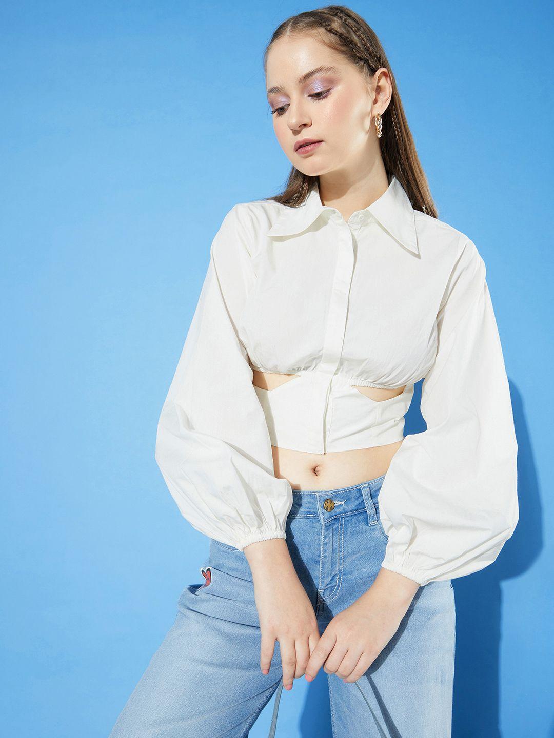 the roadster life co. solid pure cotton cut-out crop casual shirt