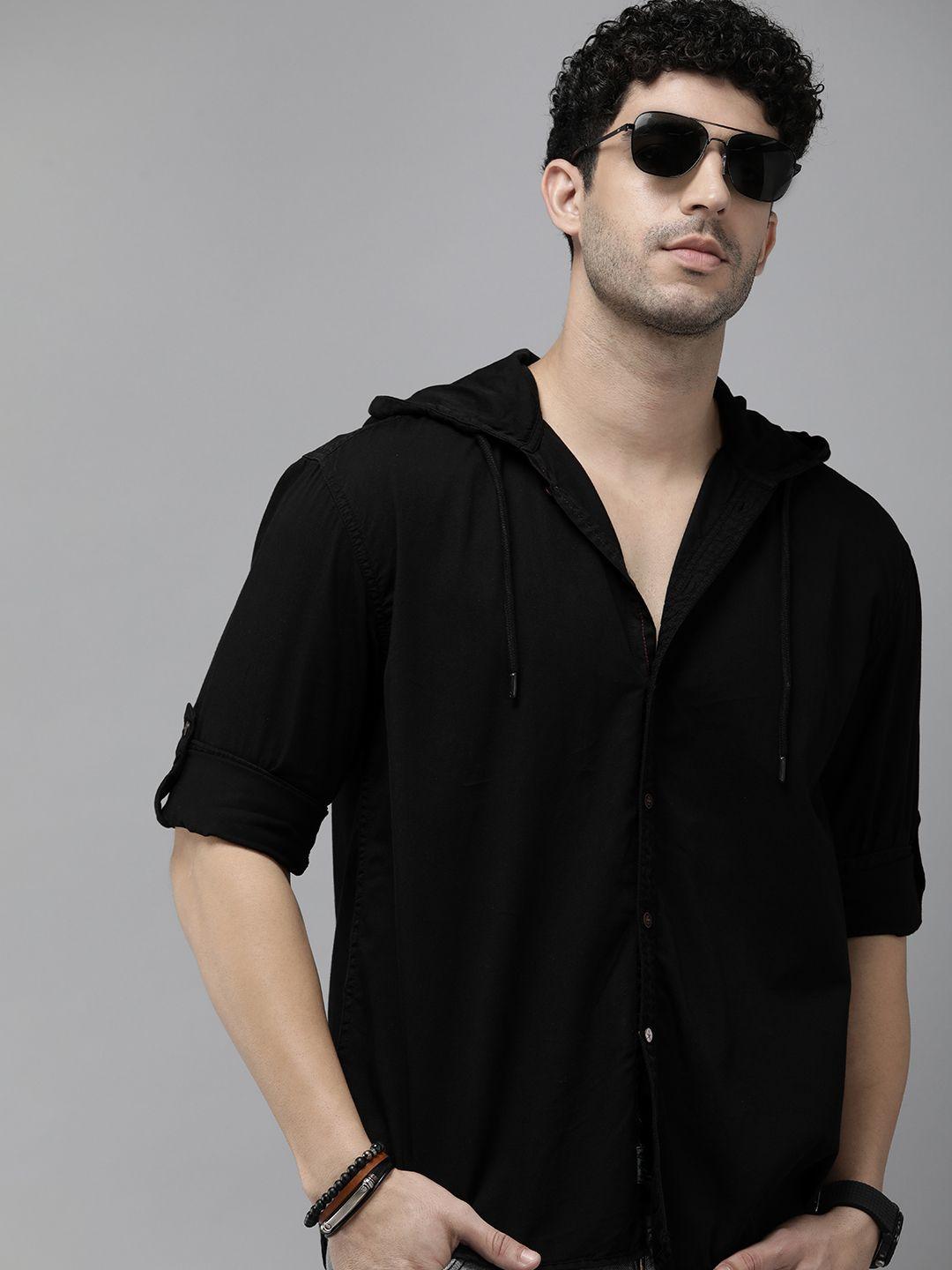 the roadster life co. solid relaxed fit hooded pure cotton casual shirt