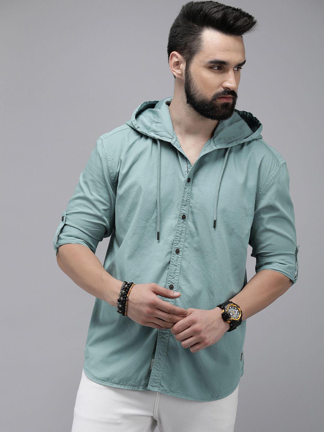 the roadster life co. solid relaxed fit pure cotton hooded casual shirt