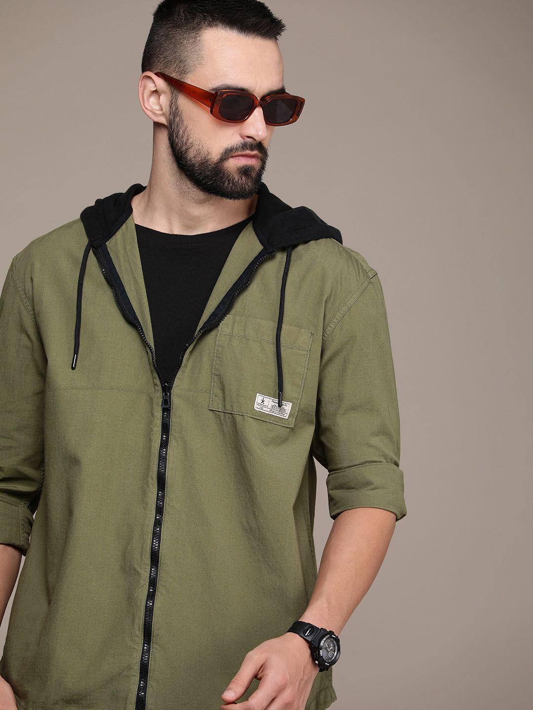 the roadster life co. solid relaxed fit pure cotton hooded casual shirt