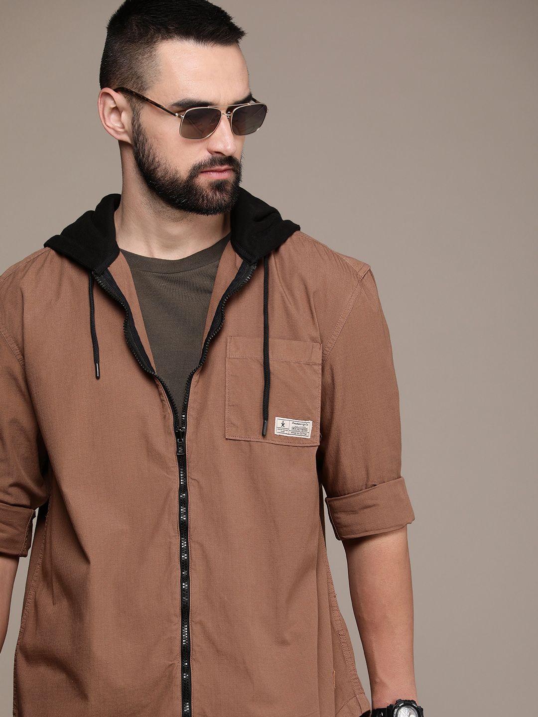 the roadster life co. solid relaxed fit pure cotton hooded casual shirt
