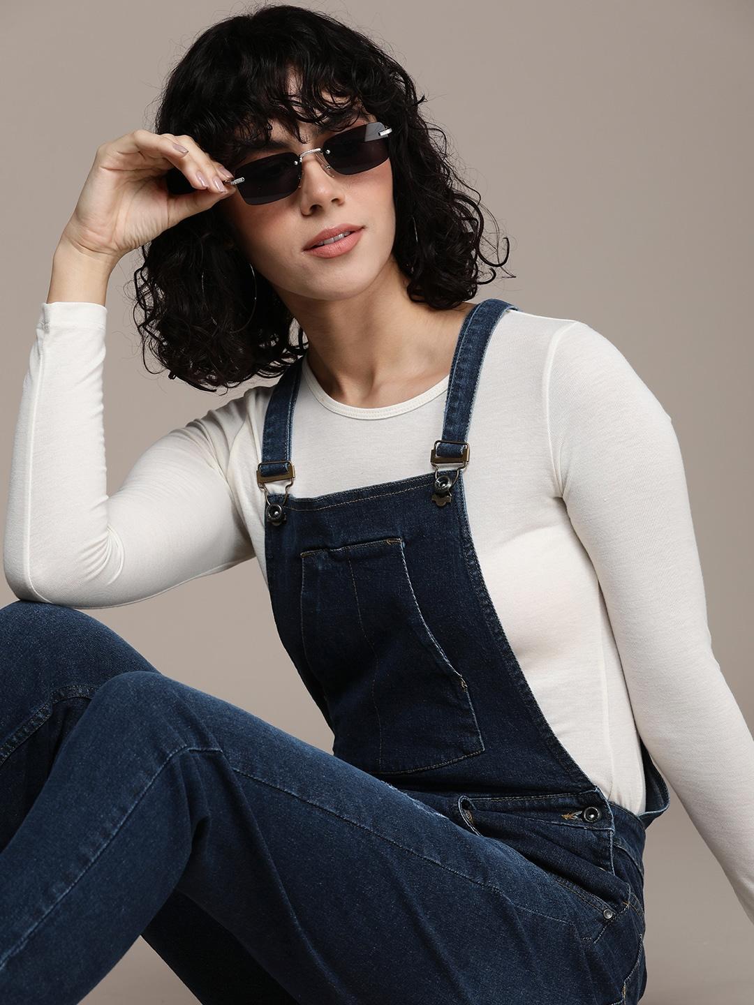 the roadster life co. solid skinny fit denim dungarees