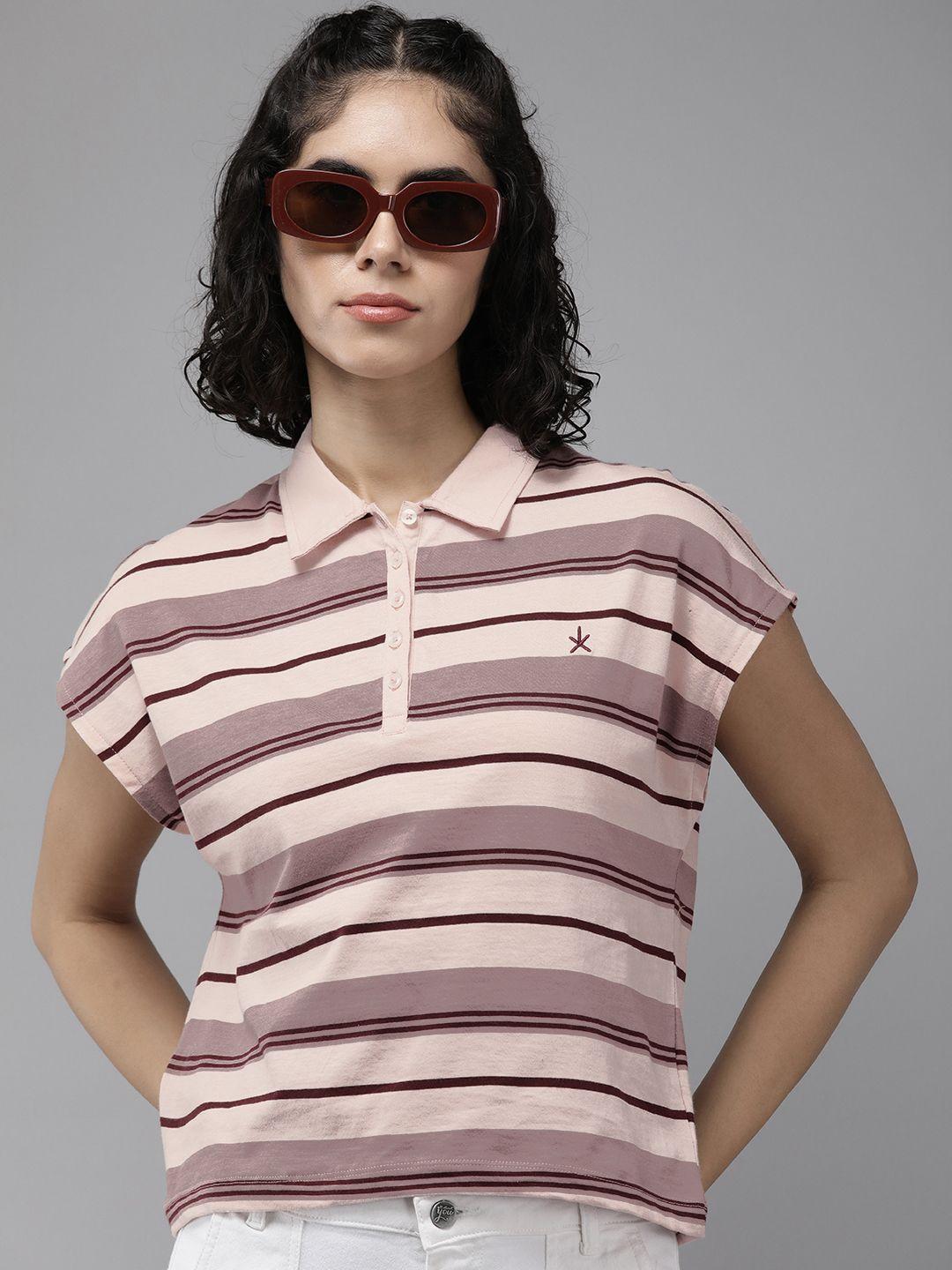 the roadster life co. striped polo collar pure cotton crop t-shirt