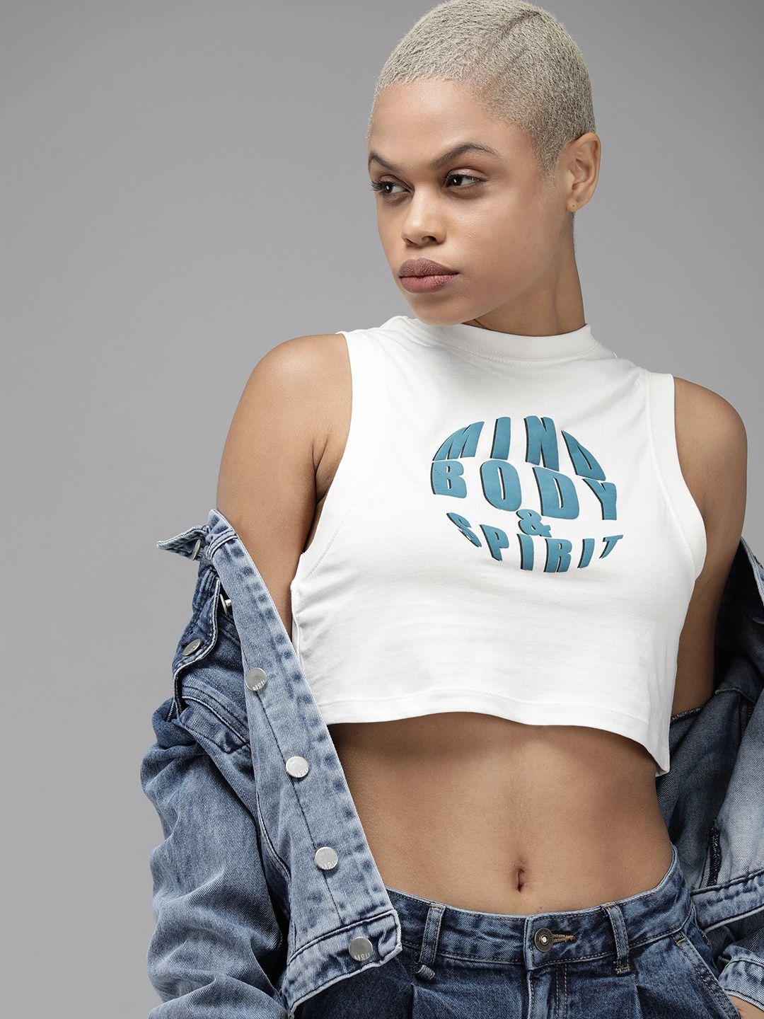 the roadster life co. typography printed sleeveless crop t-shirt