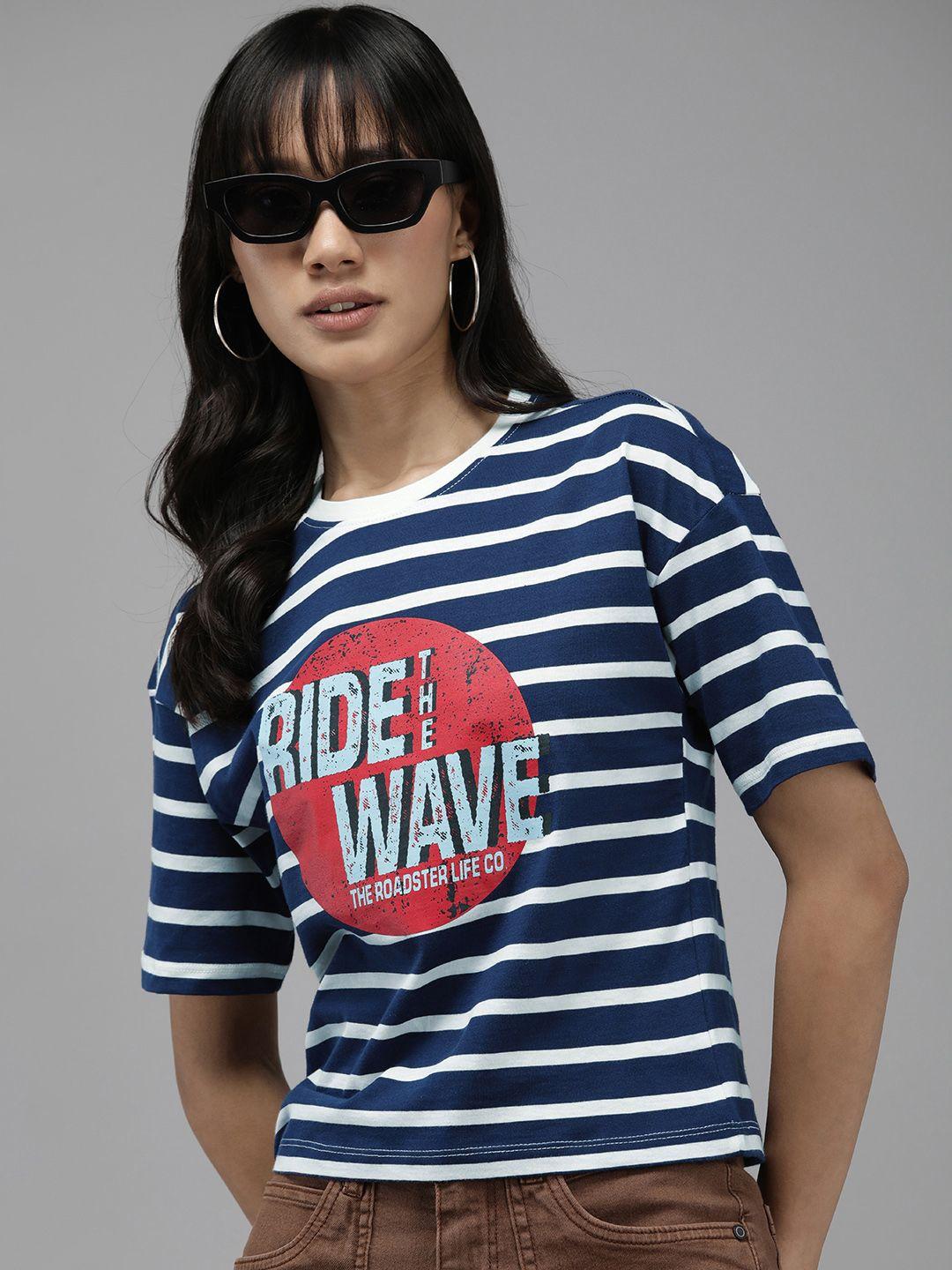 the roadster life co. typography printed striped pure cotton t-shirt