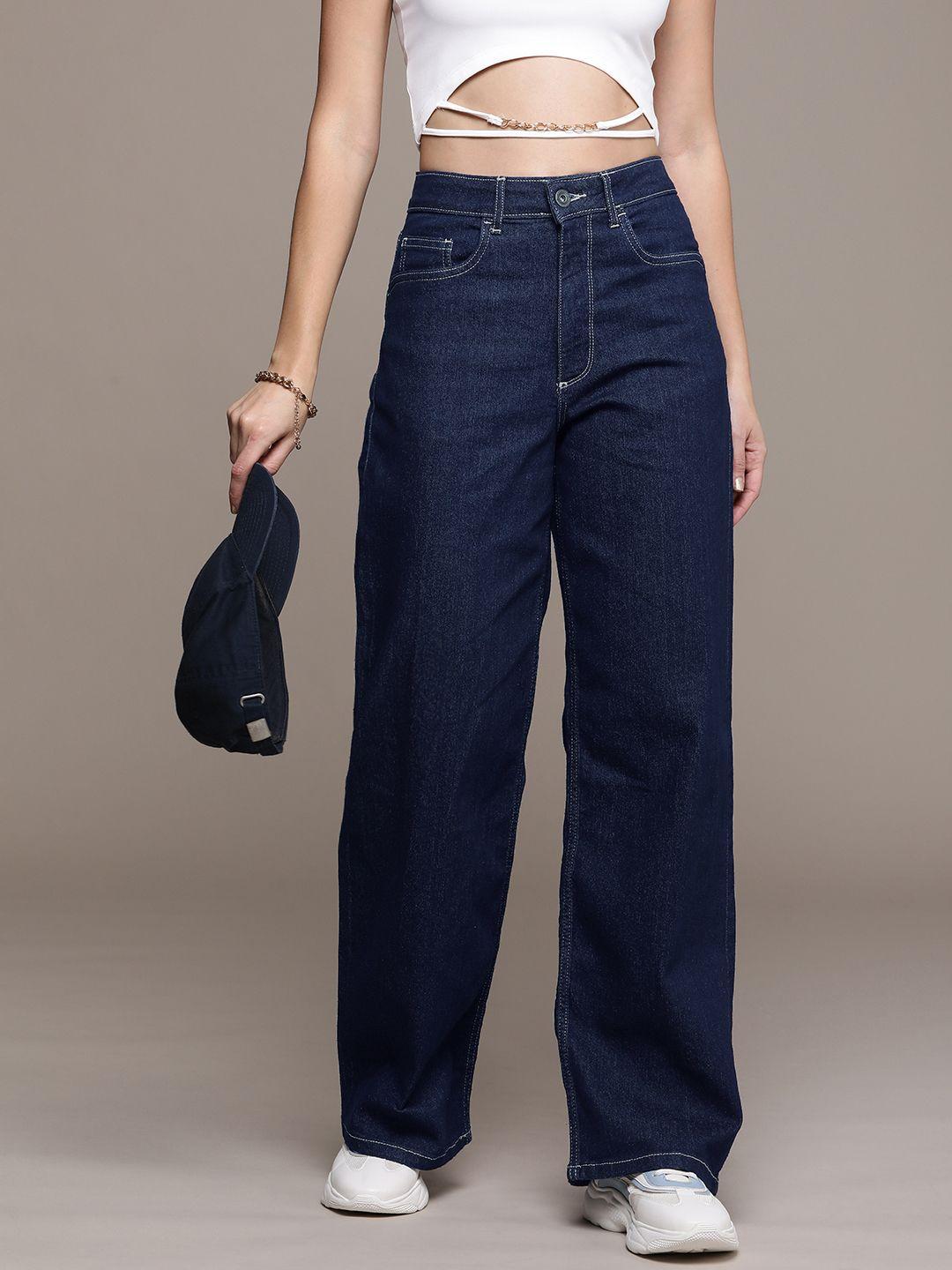 the roadster life co. women baggy blue wide leg stretchable jeans