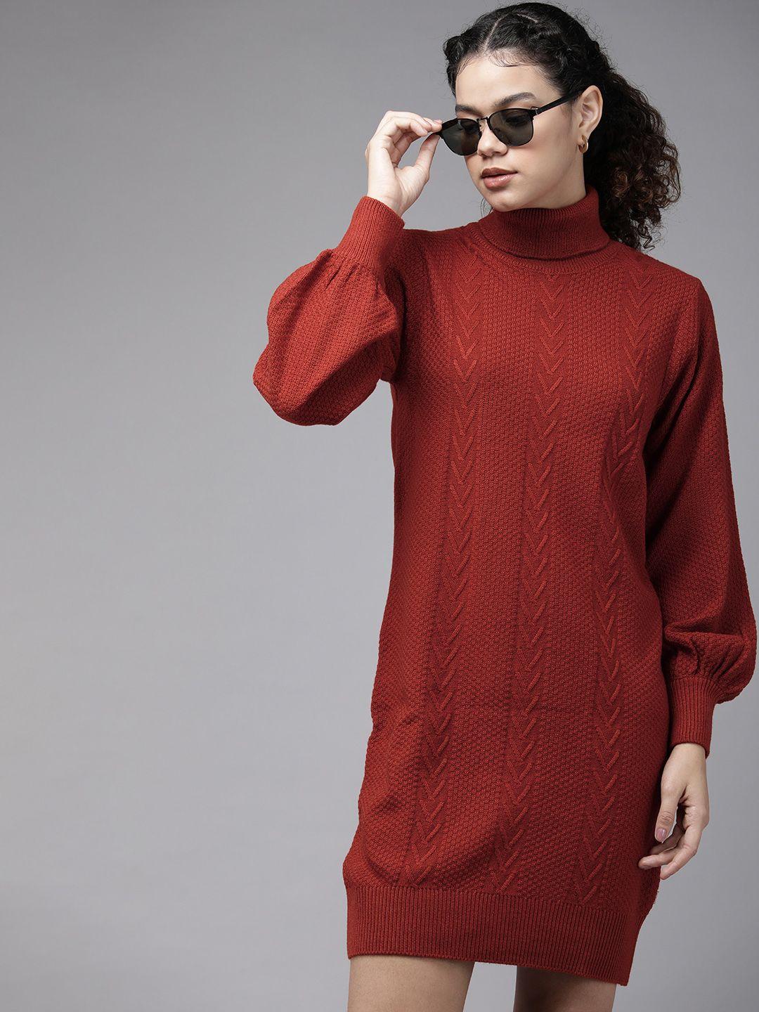 the roadster life co. women rust red self-design striped open-knit bodycon sweater dress