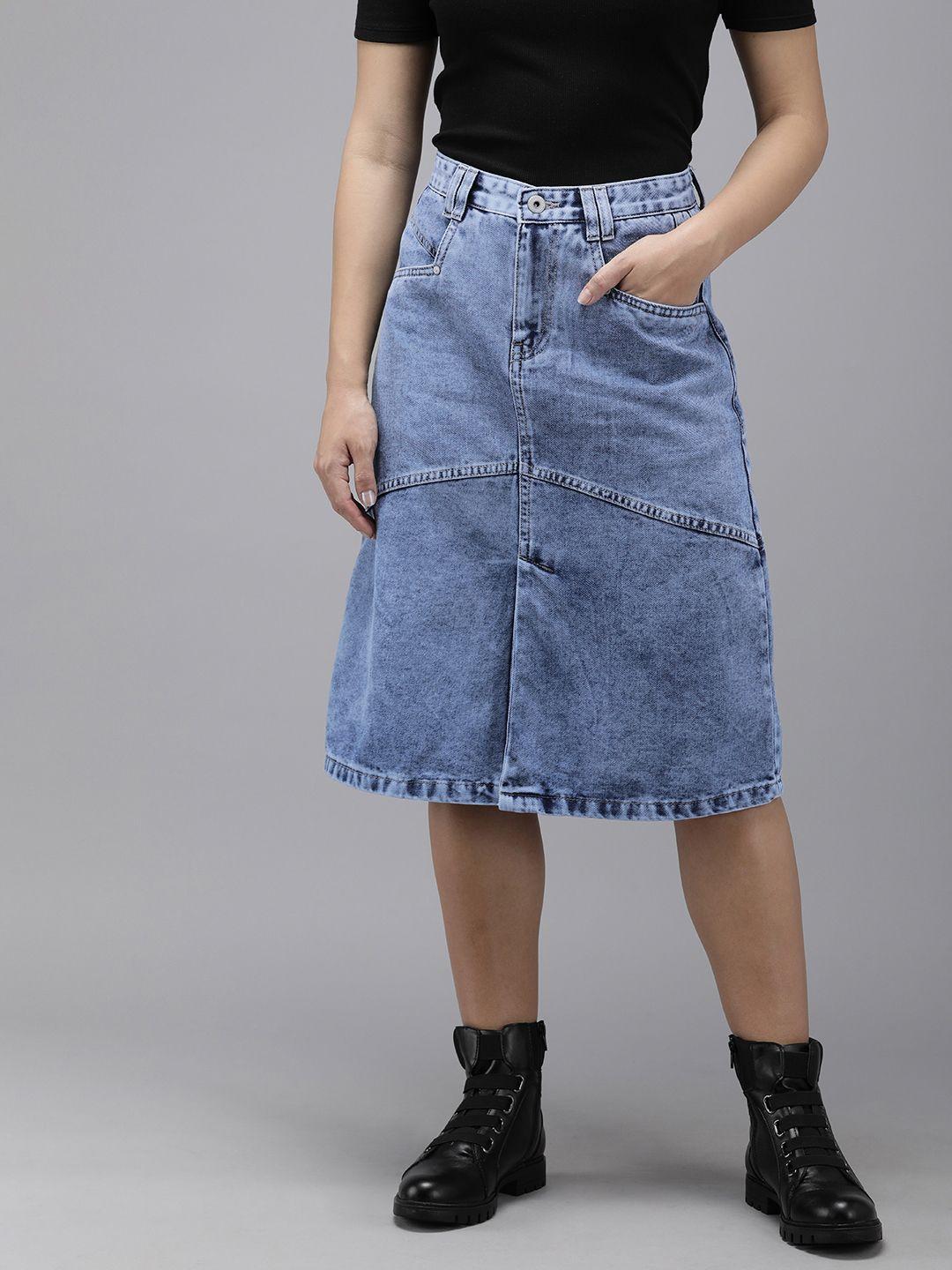the roadster life co. women solid mid-rise a-line denim skirt