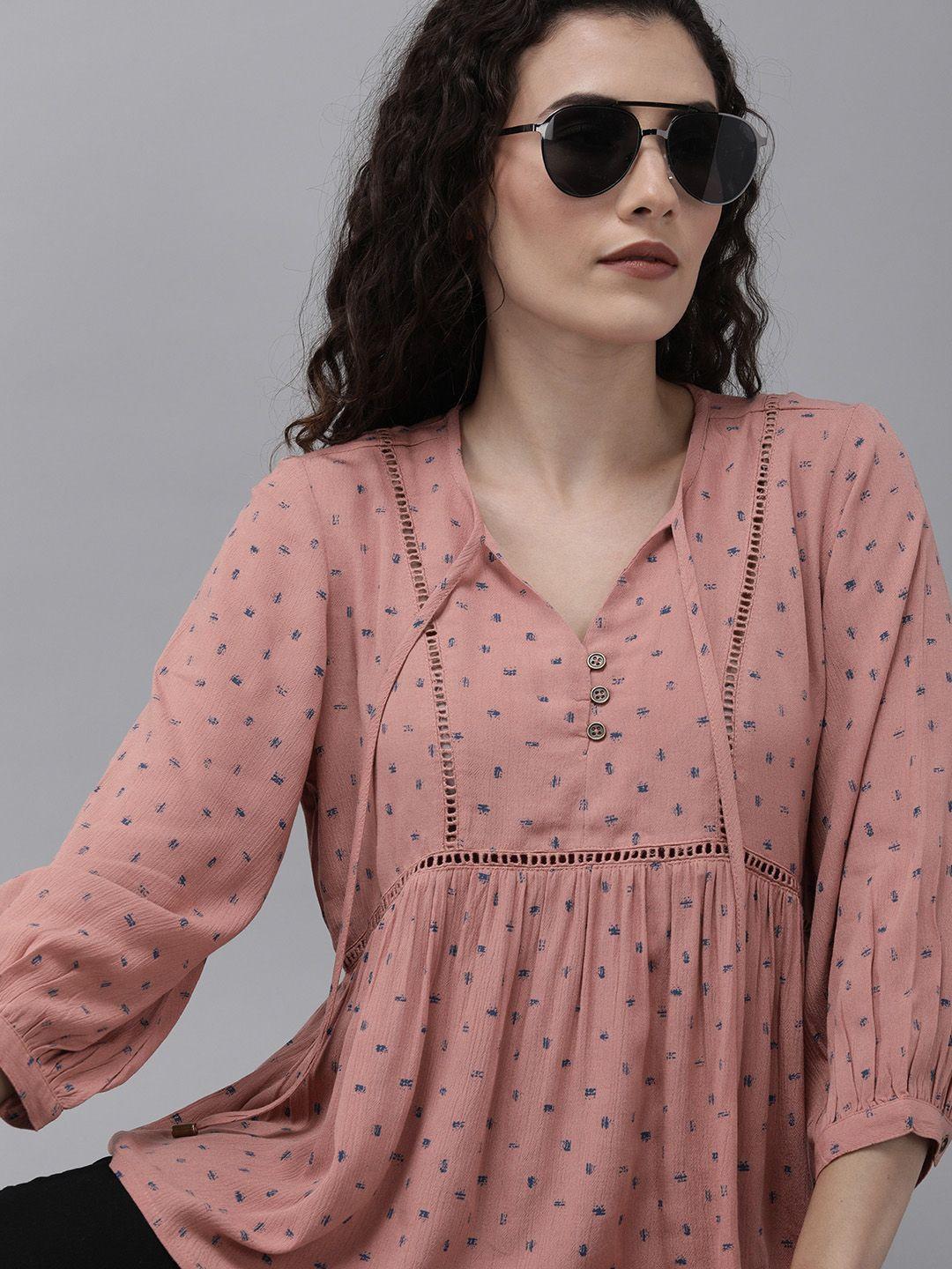 the roadster lifestyle co  ecovero greenturn pink abstract sustainable top with ladder lace detail