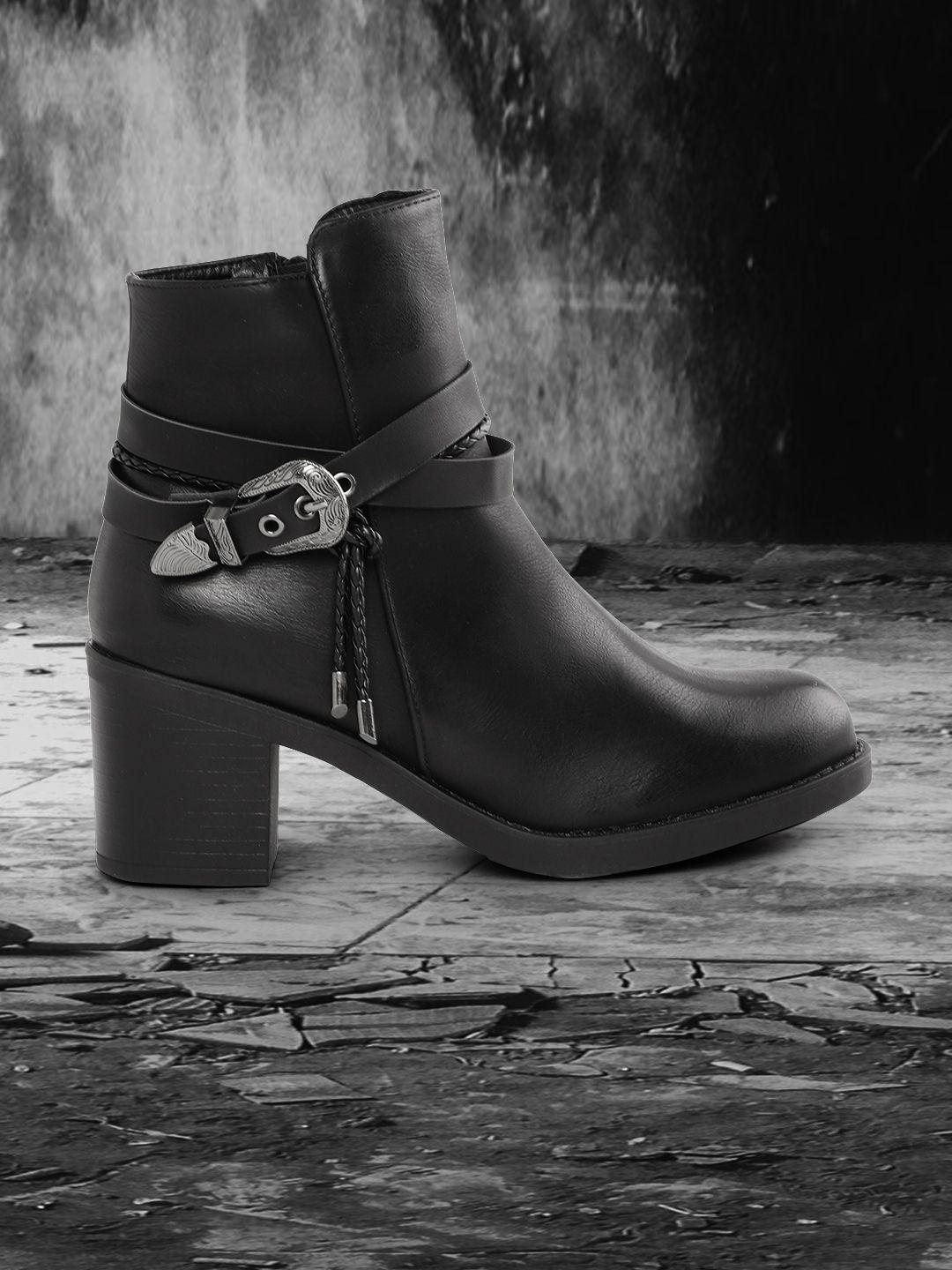 the roadster lifestyle co black block mid top heeled boots with buckles