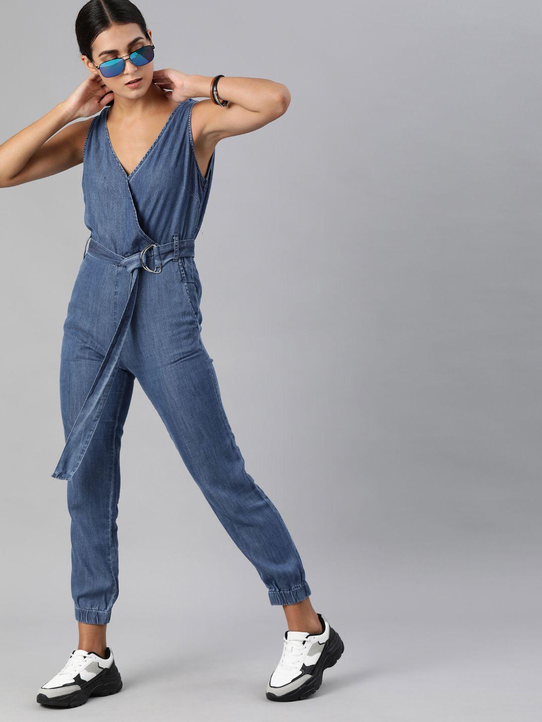 the roadster lifestyle co blue tencel denim basic jumpsuit with shell fabric belt